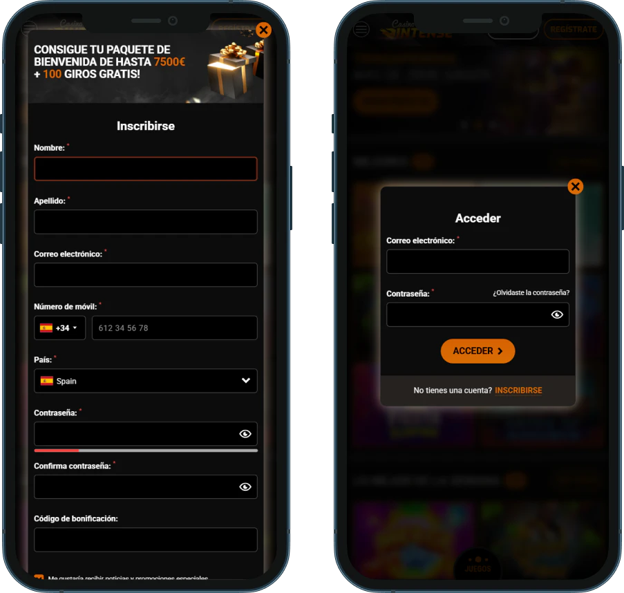 Registro e inicio de sesión en Casino Intense